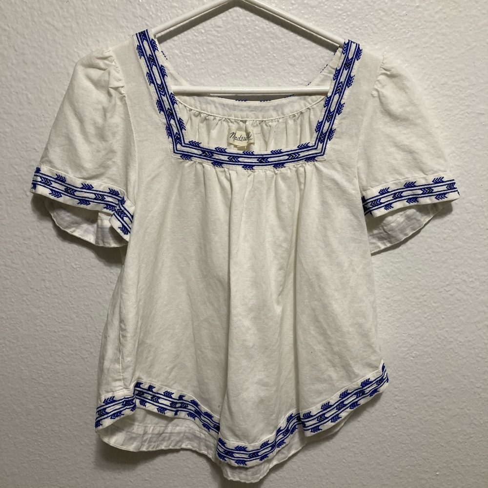 Madewell White Blouse with Blue Trim